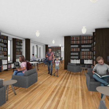 Enclosing the balcony hallway for classroom usage and a new historical library space will enable the Seele building to be utilized for concurrent meetings and as a quiet study space.