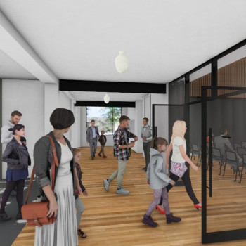 The addition of a lobby, ticket and refreshment booths, and classroom hallways on the theater level will enhance the experience of the theater for attendees and actors alike.